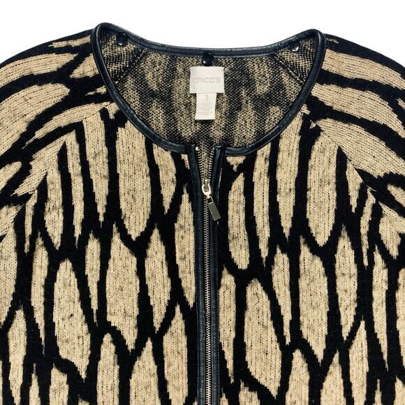 Chico's Jacket Womens 1 Beige Black Vintage Faux Fur Trimmed Zipper Chic Sweater - Picture 3 of 16
